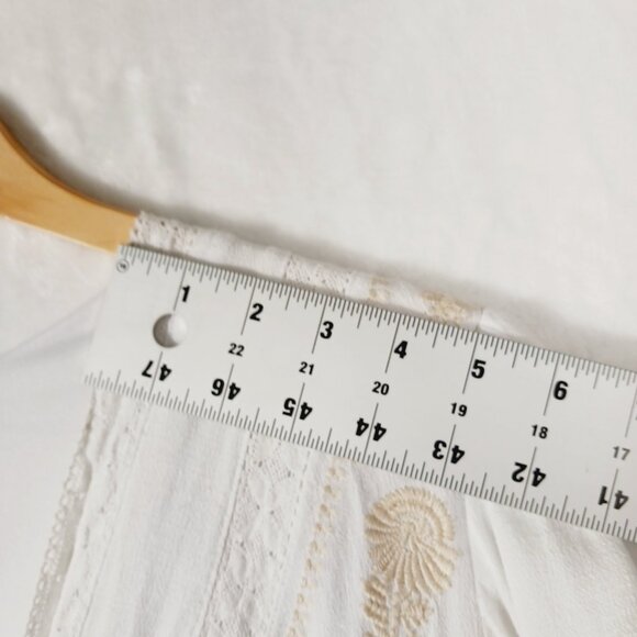 In Loom, Boho Top, Small, White with Tan Embroidery Detail and Lace Trim, Beachy - Picture 13 of 16